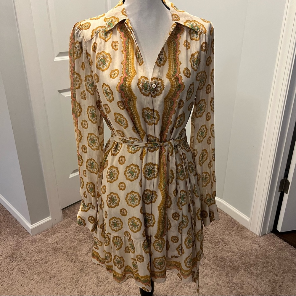 Women's NWT Paige Portofino Floral Long Sleeve Silk Shirtdress in Birch/Tumeric